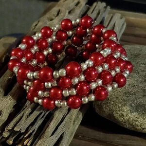 Handcrafted Medium Red Glass Pearl Silver Beads Wr